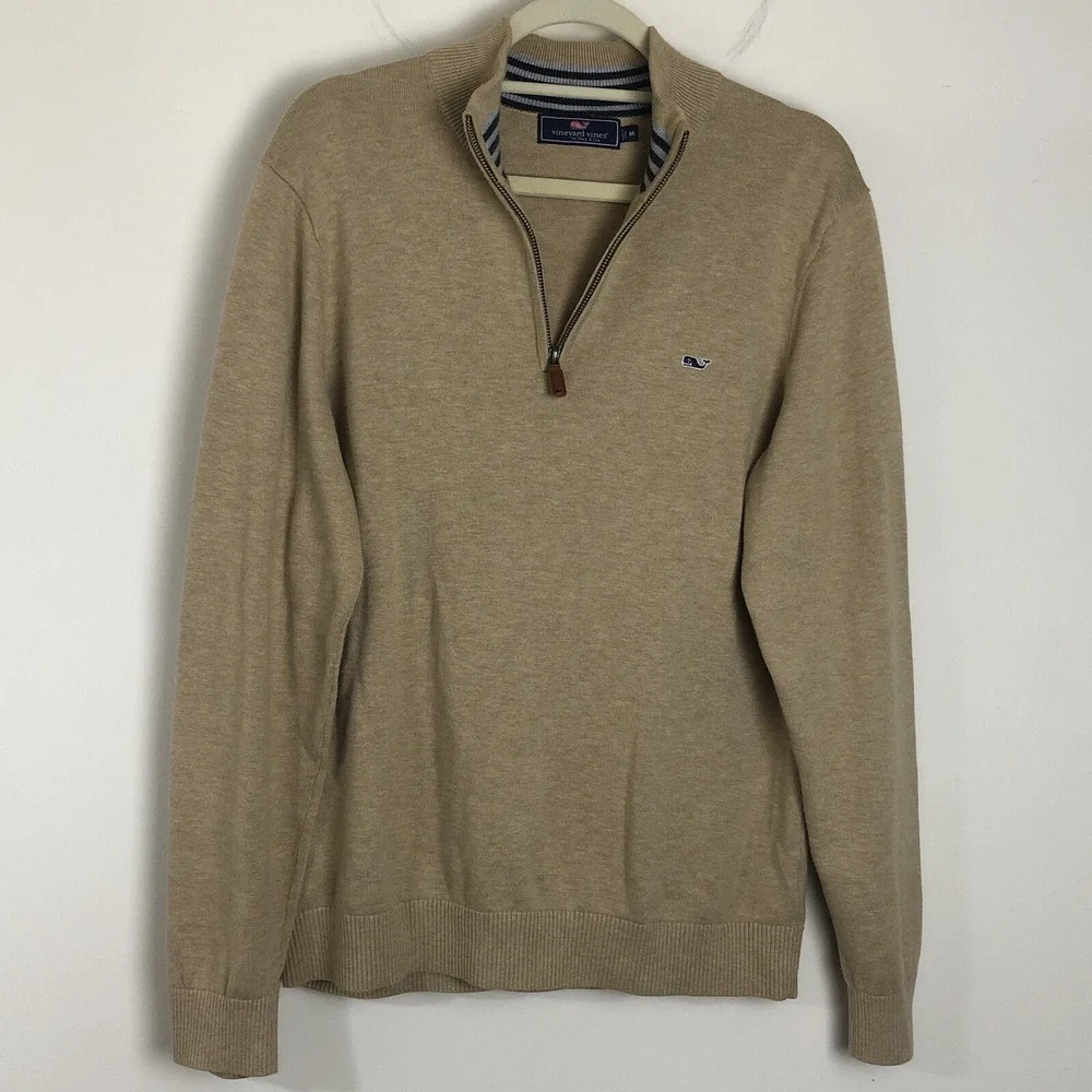 Vineyard Vines Shep & Ian 1/4 Zip Lightweight Cotton Whale Beige Sweater Medium